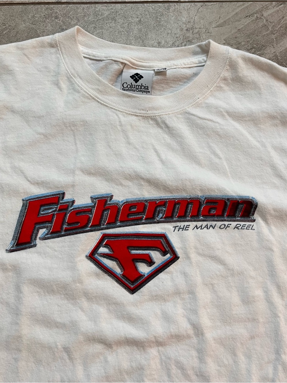 Vintage Columbia superman parody 'Fisherman' Graphic Tee with Red Logo